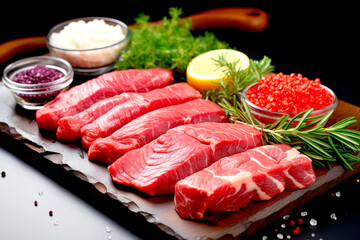Pieces of raw fresh beef meat with spices and vegetables on a stone board. Raw meat for cooking.