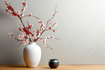 blooming plum or cherry branches flowers in a vase on wooden table near a gray wall, with copy space.