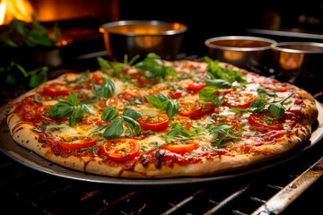 Fresh Homemade Italian Pizza Margherita. Pizza with mozzarella cheese, Tomatoes, Basil on old black wooden table.