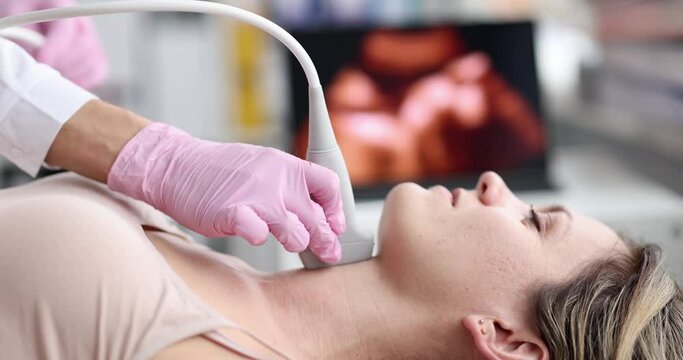 Young caucasian woman undergoes ultrasound of thyroid gland in office of female doctor. Female patient doing neck ultrasound in hospital concept