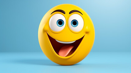 Happy Funny Emoticon Character Face Expression on blue background. 3d Render emoticon illustration