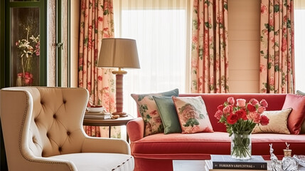 Bright pink lounge room decor, interior design and house improvement, living room furniture, sofa and home decor, country cottage style, generative ai