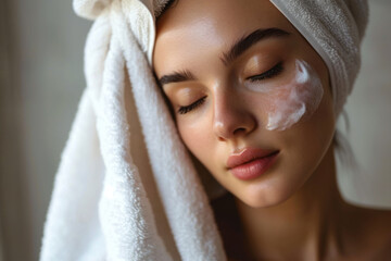 Young woman with lotion on her face, skin care routine, face peeling and hydration.