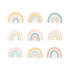 A collection of fun rainbow icons in pastel colors on a light background