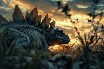 Stegosaurus in forest.