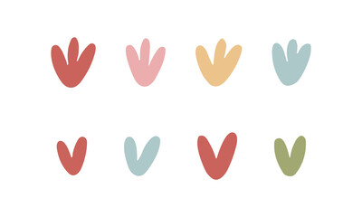 vector set of flower icons with petals in the form of hearts in different pastel colors on a white background.