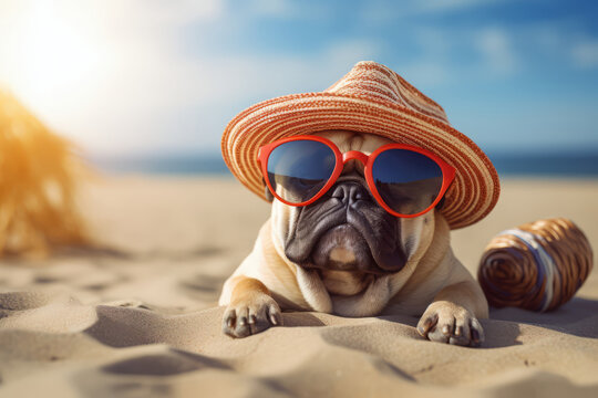 Cute pug dog with sunglasses and hat taking pictures on the beach