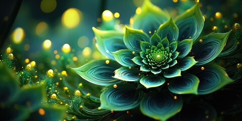 Magic night fantasy. Abstract exotic fractal background, spiral flower with glowing core with textured petals. Design for posters, t-shirts, creative graphic.