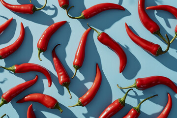Pattern with red hot chili peppers on vibrant blue background. Creative food concept. Minimal dish, spicy spices for cooking, cayenne pepper idea. Fashion minimal art. Flat lay. - obrazy, fototapety, plakaty