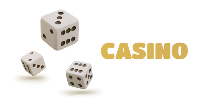 Realistic dice in flight. Online casino concept. Advertising mockup on white background with space for text. Symbol of fortune, random winnings. Good luck