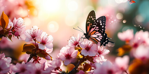 Enchanting Spring Elegance: Close-up of Soft Pink Sakura Flowers and Butterfly in Nature's Radiance
