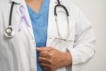 Asian woman doctor with purple ribbon, sign of Alzheimer disease day, Pancreatic cancer, Epilepsy, Lupus. - obrazy, fototapety, plakaty