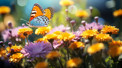 Fototapeta na wymiar Joyful Summer Meadow: Santolina Flowers and Butterflies Dance Under the Sunlight in Vivid Macro Beauty