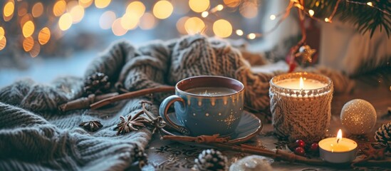 Cozy winter still life featuring hot drink, Christmas decor, and candle.