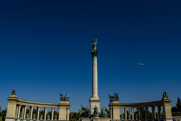 Heroes Square in Budapest against a bright blue sky