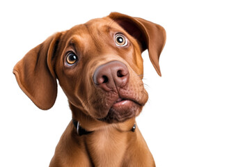Cute dog or pet is looking happy isolated on transparent background. Brown vizsla young dog is posing. Cute, happy crazy dog headshot isolated on transparent, png