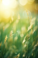 Beautiful nature in the morning. Beautiful grass and ears with field and meadow flowers in the back sun in the morning and afternoon on a sunny summer day.