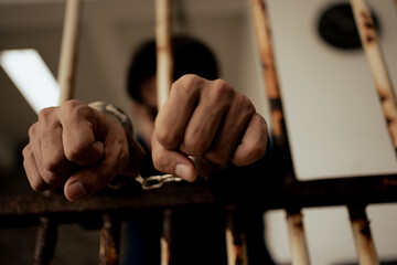 Asian businessmen wear handcuffs in jail after arrest because of corruption and defrauding...