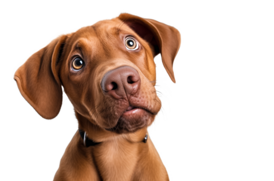 Cute dog or pet is looking happy isolated on transparent background. Brown vizsla young dog is posing. Cute, happy crazy dog headshot isolated on transparent, png
