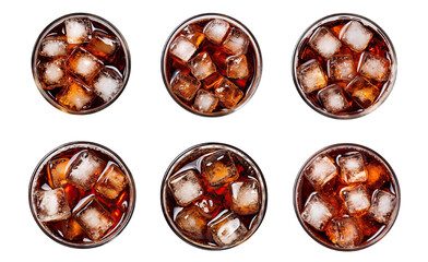 Collection of PNG. Coke in glass, top view or high angle shot Coca Cola with ice and drinking, isolated on a transparent background. - obrazy, fototapety, plakaty