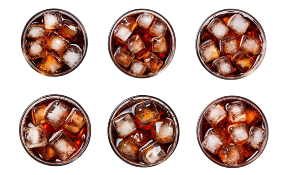 Collection of PNG. Coke in glass, top view or high angle shot Coca Cola with ice and drinking, isolated on a transparent background.