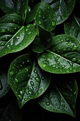 Fototapeta premium Background of fresh green leaves of citrus plants with water drops.