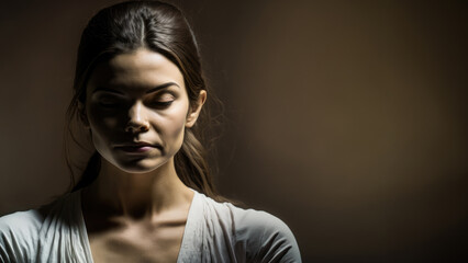 Serene young woman with eyes closed in a calm, meditative state, half-face lit in a dark background