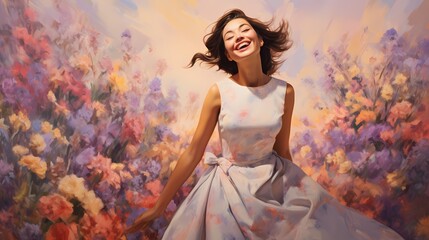 A smiling young model in a vibrant floral dress standing against a soft lavender background, radiating joy and confidence.