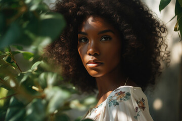 Naklejka premium Stunning young woman with natural curly hair and a floral dress surrounded by lush greenery. Forest bathing concept