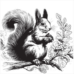 Sketch squirrel gnaw nuts, vector forest animal - obrazy, fototapety, plakaty