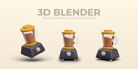 Composition with realistic blender in different positions. Tasty chocolate drink preparation. Home appliance concept. Vector illustration in 3d style with yellow background