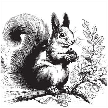 Sketch squirrel gnaw nuts, vector forest animal