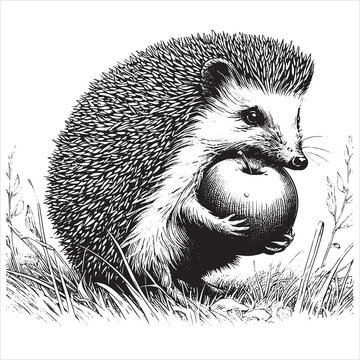 Antique children's book comic illustration: hedgehog with apple