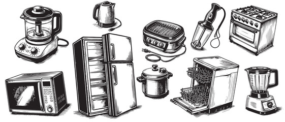 Hand drawn set of different household appliances. Vector illustration of a sketch style. - obrazy, fototapety, plakaty