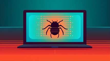 Computer bug on laptop screen symbolizing threat of software bugs and elusive nature of zero day vulnerabilities in software security, critical bug in computer software