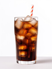 A cool glass of cola drink with ice, bubbles and fizz isolated in white