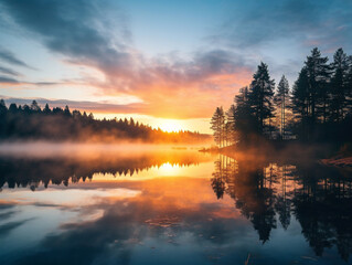Serene early dawn illuminates a tranquil lake, reflecting vibrant hues of awakening day, untouched beauty.