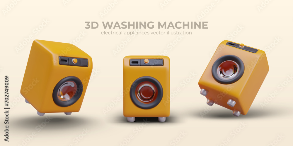 Poster yellow washing machine, static and dynamic position. realistic illustrations with shadows and reflec