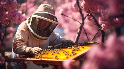 Foto op Aluminium Beekeeper dressed in protective bee suit gear working carefully with honeycomb in hive in outdoor apiary, reflects meticulous care and dedication to beekeeping for honey production © TRAVELARIUM