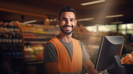 Portrait of cheerful smiling male cashier in grocery store symbolizes friendly customer service and welcoming atmosphere of store, joyful male store clerk happy to help customer - obrazy, fototapety, plakaty
