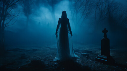 Mysterious female ghost silhouette veiled in translucent fabric emerges from fog in old cemetery among tombstones, creating an otherworldly ambiance and aura of ghostly mystique, scary ghost at night - obrazy, fototapety, plakaty