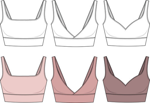 Girls Sports Bra fashion drawing template. Sportswear Crop Top template. Sports wear fashion design set. Cami top fashion flat illustration. Cropped Tank Top bra technical fashion illustration. 