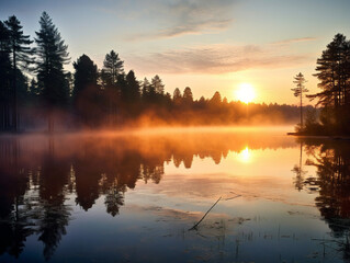 Sunrise bathes a tranquil lake in a warm v52-style raw glow, radiating peaceful dawn reflections.