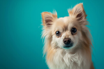 Portrait of a cute puppy dog happy expression is sitting isolated on blue background. Concept of motion, and movement.