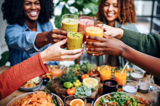Multi ethnic people having meal and toasting alcohol-free drinks - Powered by Adobe