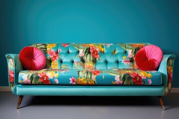 Floral-upholstered sofa, adorned with round fuchsia cushions, in the purest kitsch style - obrazy, fototapety, plakaty