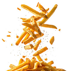 Food photo of French Fries flying isolated on white transparent background, PNG, realistic 3d