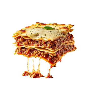 recommend clip art: Food photo of delicious Lasagna flying isolated on white transparent background, PNG, realistic 3d