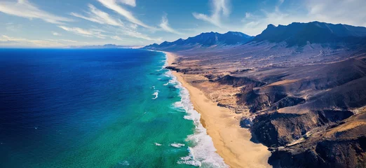 Foto op Plexiglas Canarische Eilanden Aerial, panoramic view of the beautiful, unspoiled  Cofete beach on the volcanic island of Fuerteventura, Canary Islands, Spain.