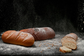 Various types of savory bread including ciabatta baguette and whole grain displayed individually on